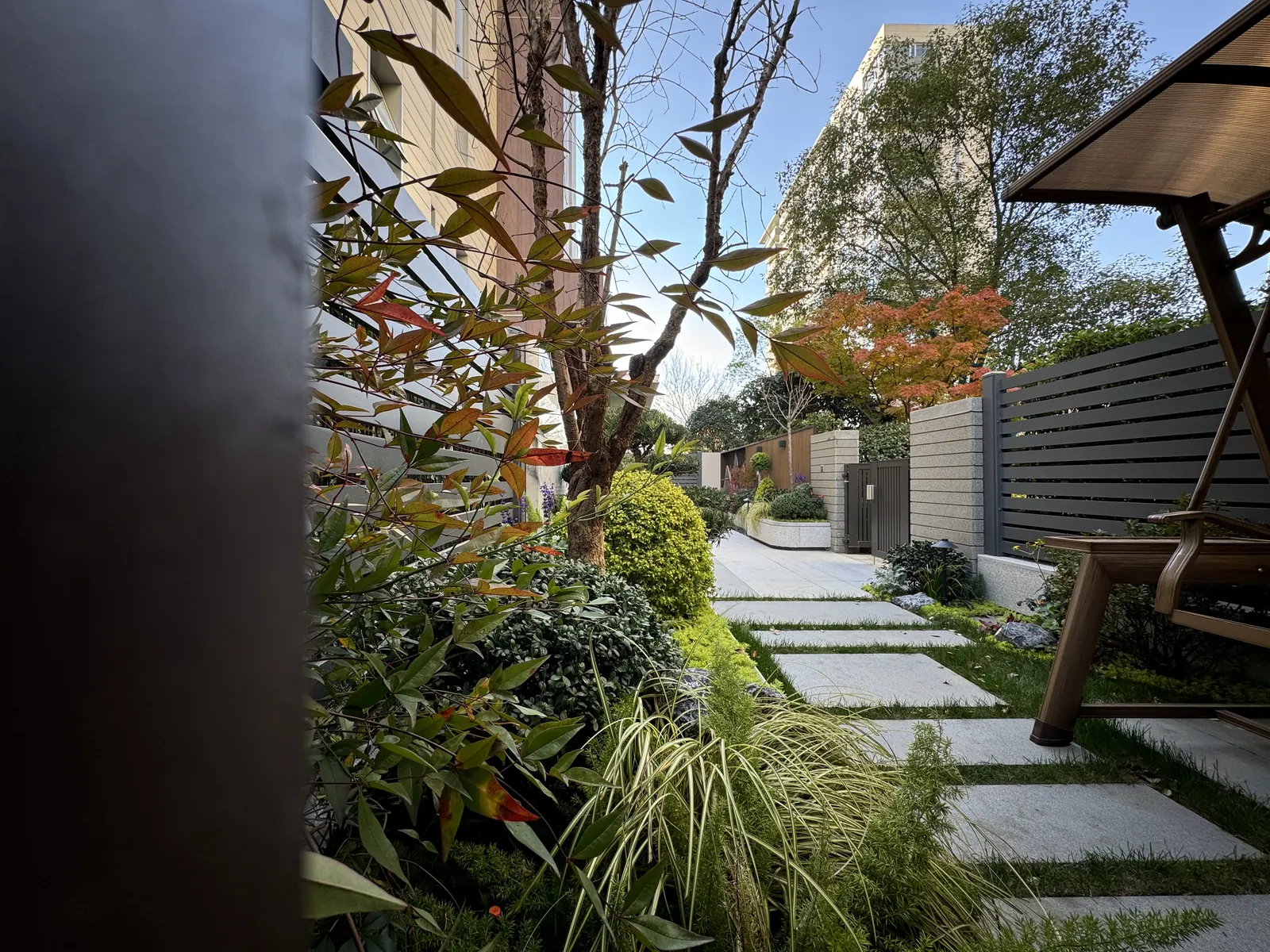 永威上和郡完工实景：花境近景：色叶植物、观赏草与地被沿踏步分层布置。