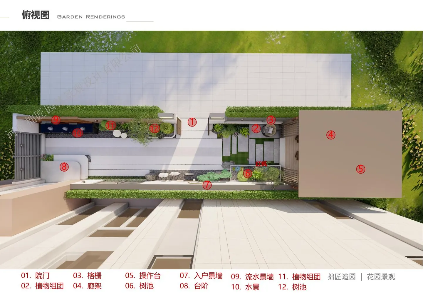 永威上和郡19-301私家花园俯视设计方案，标注院门、植物组团、廊架、操作台、景墙和水景